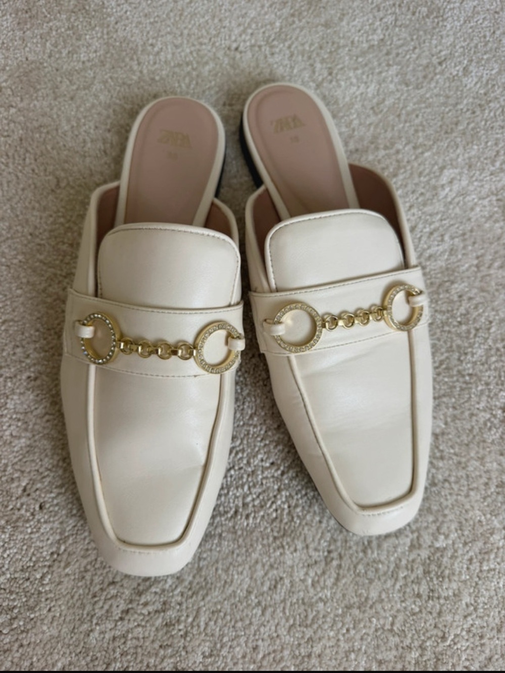 Zara Cream Slip-On Mules with Gold Chain Accent